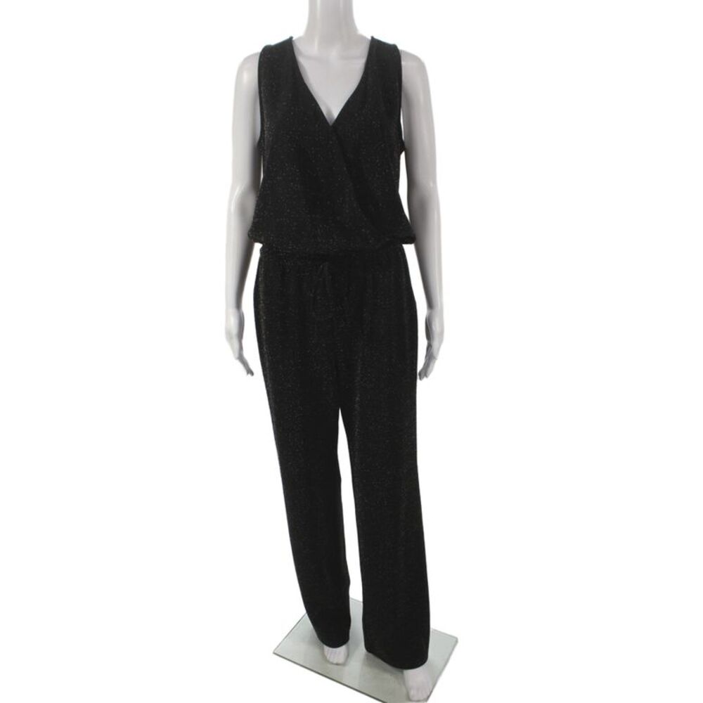 Veronica M Womens Sparkly V-Neck Sleeveless Black Jumpsuit Size L